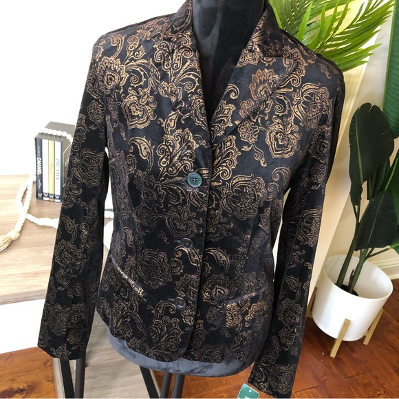 Ralph Lauren Velveteen Filigree Black/Gold/Bronze Cotton Stretch Jacket Blazer 6 - Picture 3 of 9